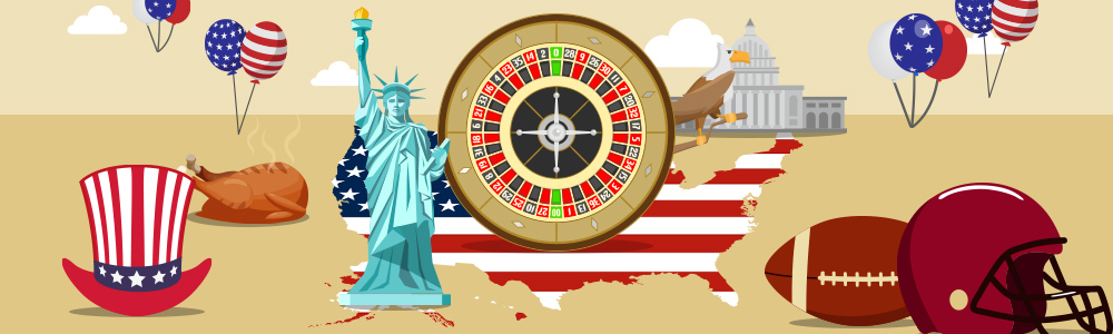 an american roulette wheel surrounded by american icons
