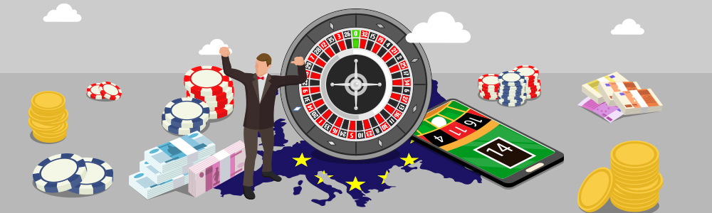 a european roulette wheel on the european continent surrounded by chips, euros, etc.