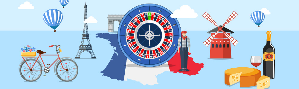 a french roulette wheel surrounded by french icons