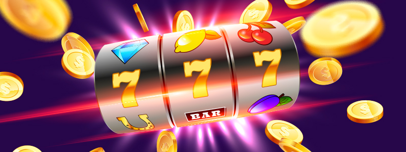 banner with slot machine reels and gold coins